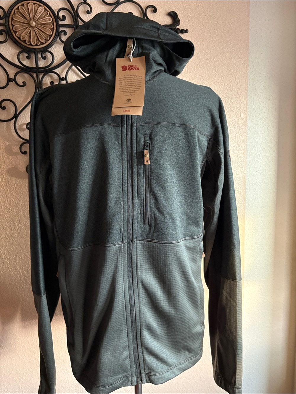 Fjallraven Abisco Trail Fleece Dark Green Hooded Lightweight Jacket Sz L